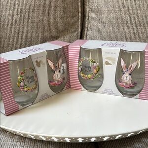 Two sets total of 4 Easter Wine or beverage Glasses with Bunny and Floral Design